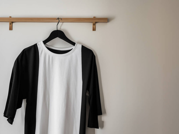 Реалистичный макет футболки, включая черно-белую футболку на вешалке, макет дизайна. Простая хлопчатобумажная футболка макет шаблона. Дисплей с логотипом магазина одежды - Фото, изображение