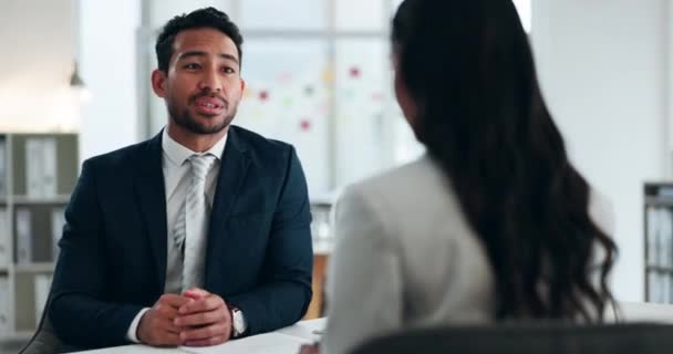 Happy, interview and business people in a meeting, talking or discussion of onboarding at company. Laughing, office and an Asian man or human resources speaking to an employee for recruitment. - Footage, Video