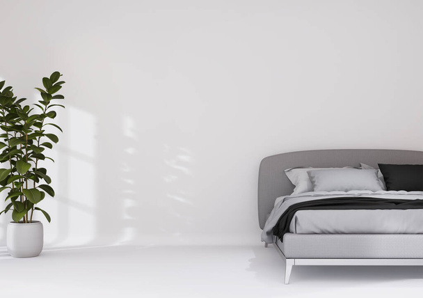 白い壁の背景を持つベッド スカンジナビアのインテリア. 空白の壁,コピースペース。 3Dレンダリング, - 写真・画像