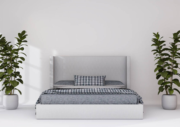 Bett mit weißem Wandhintergrund skandinavischen Interieur. Leere weiße Wand, Kopierraum. 3D-Rendering, - Foto, Bild