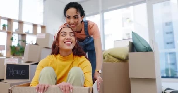 Happy, box and playful gay couple in their new home together for growth, investment in property or fun. Smile, moving house or relocation with a lesbian woman and her lgbt partner in the living room. - Footage, Video