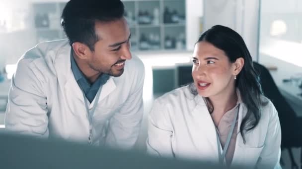 Scientist, teamwork and people on computer research, project or conversation online. Collaboration, science tech and happy doctors, man and woman on email, medical communication or lab discussion. - Footage, Video