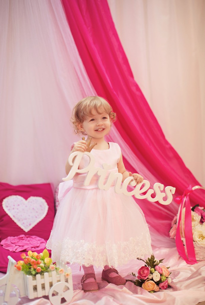 pembe elbiseli güzel küçük bir kız - Fotoğraf, Görsel