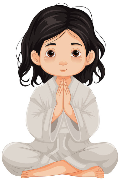A young girl sits in a meditative pose, her hands clasped in prayer - Vector, Image