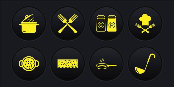 Set Sopa de cocina en olla, Sombrero y tenedor de chef, Esponja con burbujas, Sartén, Sal, Cruzado, Cuchara de cocina e icono. Vector - Vector, imagen