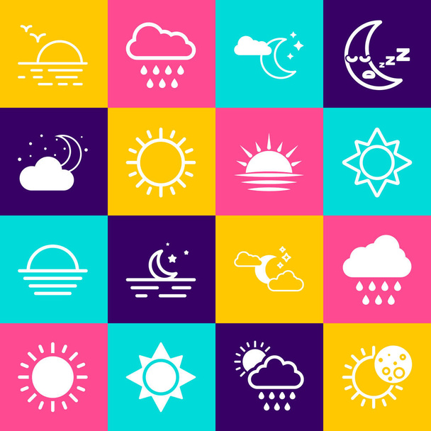 Escenario Eclipse of the sun, Nube con lluvia, Sol, luna y estrellas, Puesta de sol e icono. Vector - Vector, Imagen