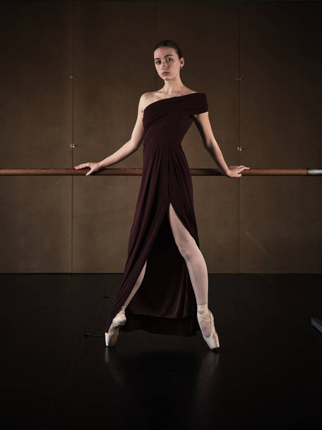 Corpo cheio de bailarina fêmea graciosa em vestido roxo elegante e sapatos pontiagudos em pé sobre os dedos do pé e inclinando-se no barre no estúdio de balé e olhando para a câmera - Foto, Imagem