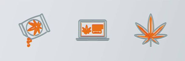 Ustaw linię Marihuana lub liść marihuany, nasiona i Online kupując ikonę marihuany. Wektor - Wektor, obraz