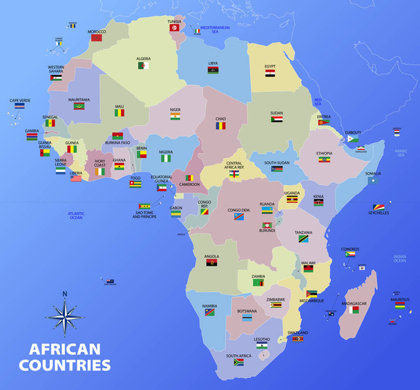 Map of African continent divided by nations and states with flags and country names, vector illustration - Vektor, Bild