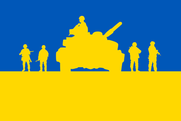 Kép az ukrán zászló - Kék és sárga. Az ukrán hadsereg sziluettjeivel együtt. Az ukrán zászló napja. Ukrán katona sziluett vektor illusztráció - Vektor, kép