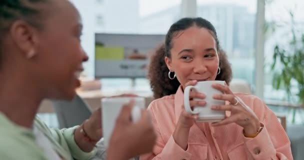Relax, coffee and friends on the sofa for talking, conversation and bonding together in a house. Smile, laughing and women with a tea drink, communication and on the couch in the morning for speaking. - Footage, Video