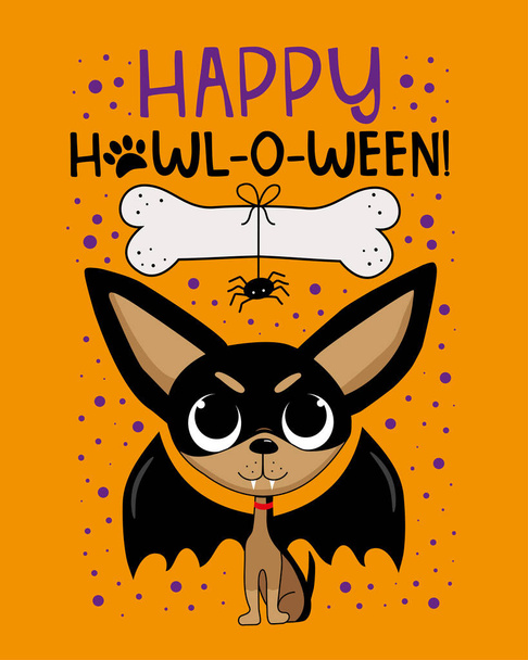 Happy Howloween - ładny pies chihuahua ze skrzydłami nietoperza i pająka i kości.Dobry do kartki okolicznościowej, nadruk koszulki, plakat etykieta, i inne dekoracje na Halloween. - Wektor, obraz