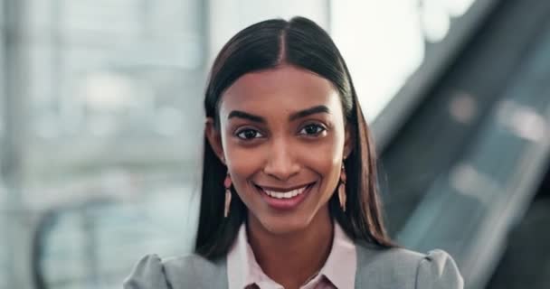 Smile, confident and portrait of a business woman or intern in office building happy for company growth or development. Worker, corporate and proud professional employee in a modern workplace. - Footage, Video