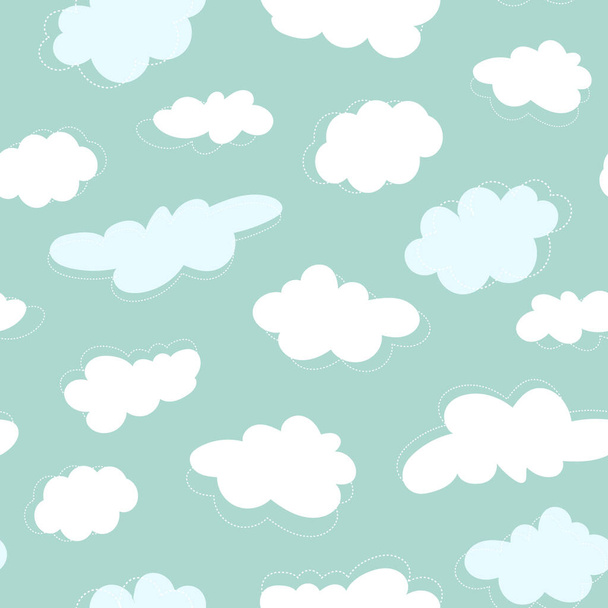 Sarjakuva pilvet saumaton kuvio. Söpöjä pilviä, joiden ääriviivat ovat sinisellä pohjalla. Lastenhuoneen seinätaide pikkupojalle ja tyttövauvalle. Vektoriesimerkki - Vektori, kuva