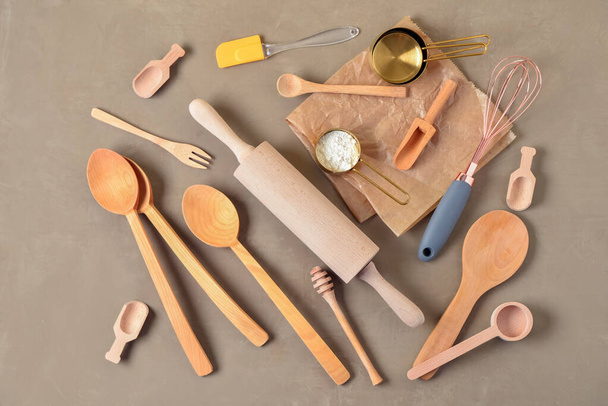 Set of baking utensils on brown background - Photo, Image