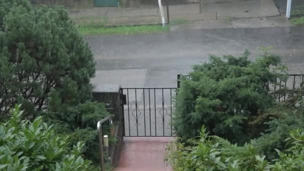 Kilátás az udvar tetejéről az utcára, fém kerítés kapuval, zuhogó eső, bokrok a járda mentén. - Felvétel, videó