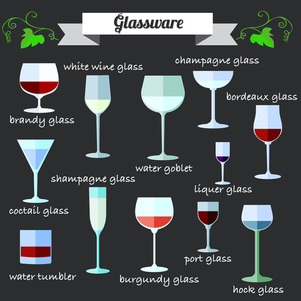 Wine Glassware flat design icons set. - Διάνυσμα, εικόνα