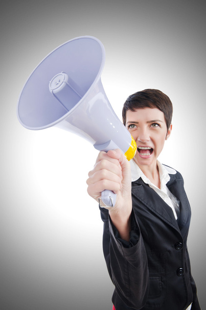 Business lady screaming to loudspeaker - Photo, Image
