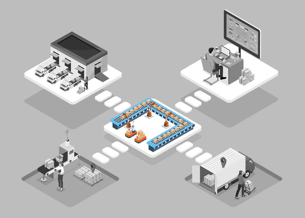 3D isometric Logistic concept with Workers loading products on the trucks, storage buildings Warehouse Logistics, Transportation operation service, logistics management. Vector illustration EPS 10 - Vektori, kuva