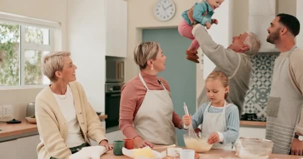 Playing, big family or children baking with parents in kitchen teaching or cooking a recipe preparation at home. Grandparents, playful or happy child learning to bake for development with dad or mom. - Footage, Video