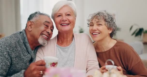 Face, smile and senior friends at a tea party together for a reunion visit during retirement in a home. Portrait, drink and a group of elderly people bonding in a living room for love or support. - Filmmaterial, Video