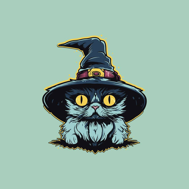 Frightened Novice Wizard Cat Flat Illustration - Vector, Image