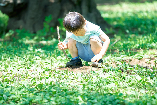 Ένα αγόρι σκύβει στο γρασίδι ψάχνοντας για έντομα στο πάρκο. - Φωτογραφία, εικόνα