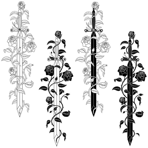 Vectorontwerp van Europees middeleeuws zwaard met rozen, oud zwaard omringd door planten en bloemen - Vector, afbeelding