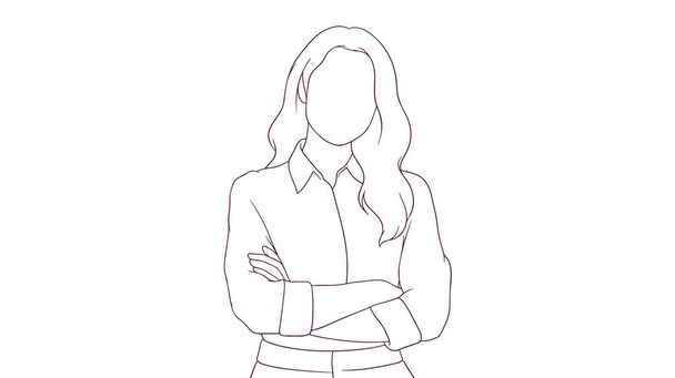 cruzar postura armada de uma empresária confiante, ilustração vetor estilo desenhado à mão - Vetor, Imagem