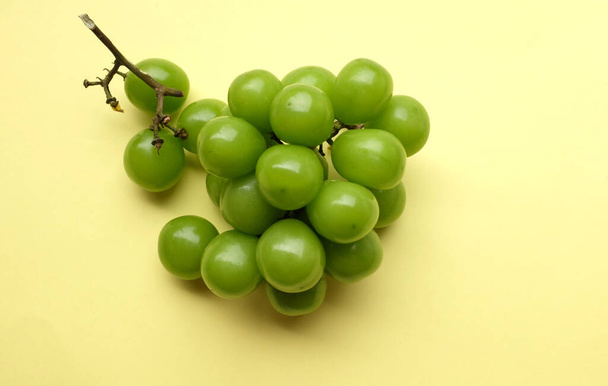bunch of fresh sweet green shine muscat (vitis vinifera) grape and leaf isolated on a beautiful colored yellow backdrop.green grapes. japanese grapes - Photo, Image