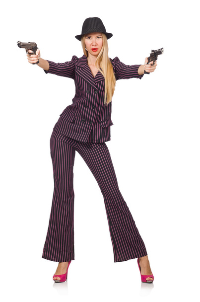 gangster mladá žena s pistolí na bílém pozadí - Fotografie, Obrázek
