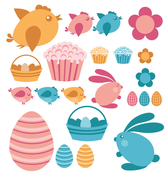 Easter rabbits, eggs, cakes, chickens - Vector, Image