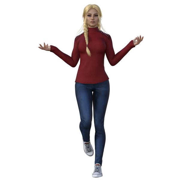 3D рендеринг, иллюстрация, городские фантазии женщины высокий тонкий красный топ, синие джинсы, белые кроссовки, с блондинистыми волосами в косички и разного цвета глаза - Фото, изображение
