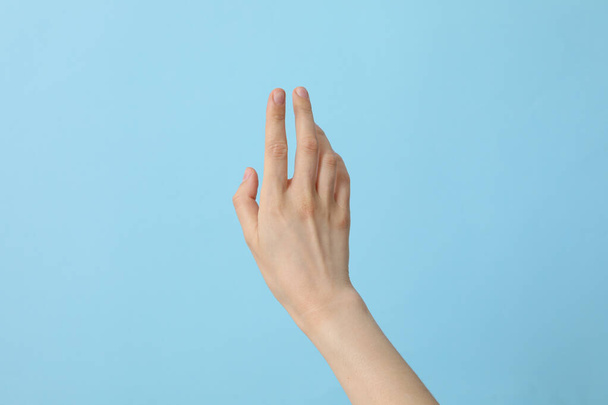 Female well-groomed hand on a light blue background - Photo, Image