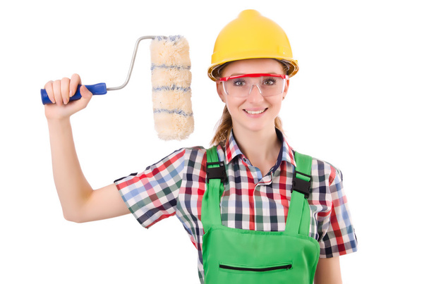 Funny woman painter in construction concept isolated on white - Photo, image