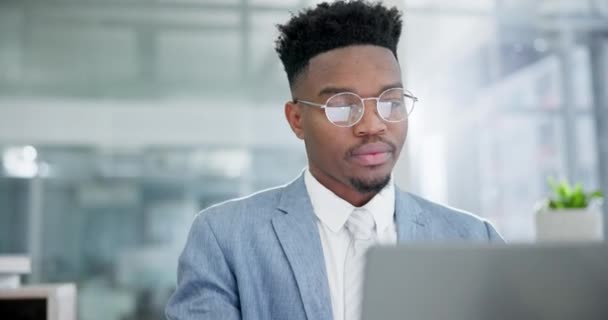 Business man, computer and thinking of stock market research, trading solution and choice or decision. Professional african person or trader in glasses or vision for financial planning on laptop. - Footage, Video