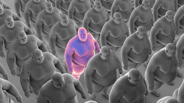 Clonación de personas con sobrepeso de pie de manera organizada con una persona mirando a la cámara, ilustración 3D que simboliza la epidemia de obesidad y la conciencia de salud. - Foto, Imagen