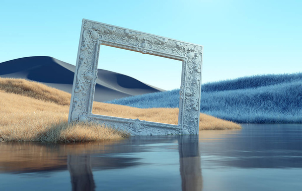 Surrealistic landscape and a frame. Perspective and vision concept. This is a 3d render illustration - Photo, Image