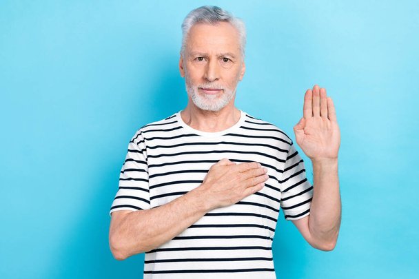 Photo of confident retired man wear striped stylish clothes arm on breast show palm promises honesty isolated over blue color background. - Valokuva, kuva