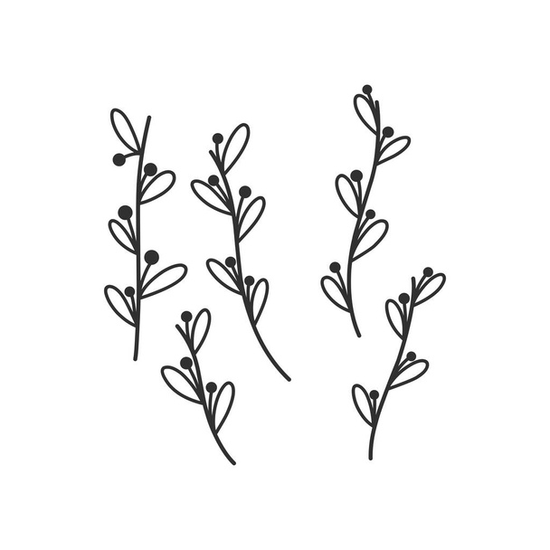 Квіткова гілка і мінімалістичні листя для логотипу або татуювання. Рука намальована лінія весільної трави, елегантні дикі квіти. Малюнок мінімальної лінії для друку, обкладинки або шпалер
 - Вектор, зображення