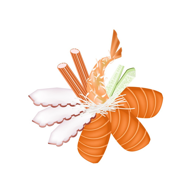Tenger gyümölcsei Sashimi pálcika, fehér háttér - Vektor, kép