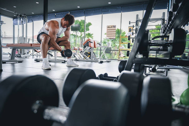 筋肉ボディービルダー 体育館のアジア人の男性の重量挙げはダンベルと運動二重ねじれを座ります. フィットネスは,筋肉の概念を構築するエクササイズを実行します. - 写真・画像