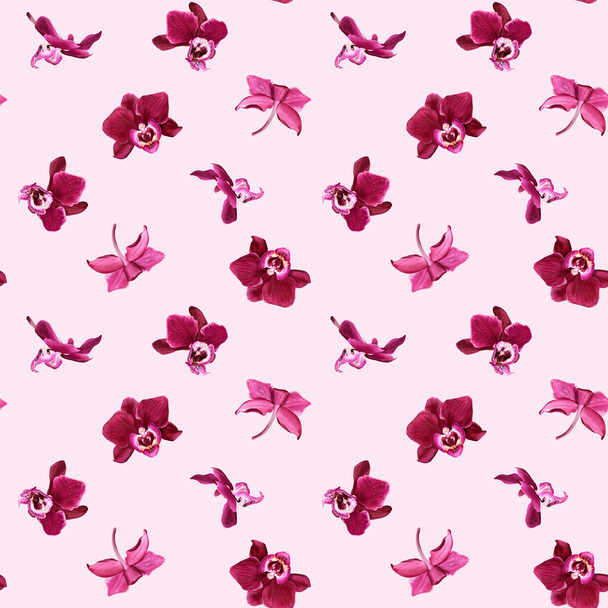 Watercolor seamless pattern with tropical flower orchid Phalaenopsis blooms. Illustration for wrapping, wallpaper, fabric, textile - Photo, Image