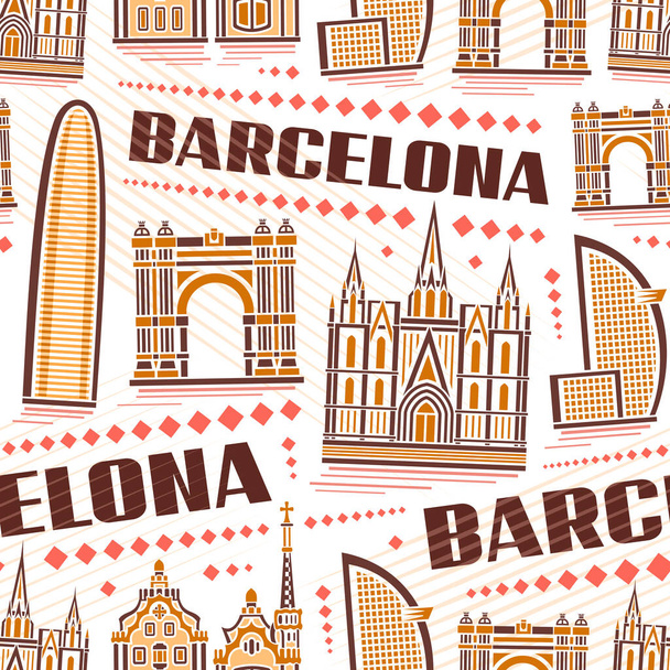 Vector Barcelona Seamless Pattern, repeat background with illustration of famous barcelona city scape on white background for wrapping paper, decorative line art urban poster with brown text barcelona - Vector, Image
