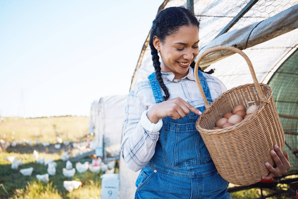 Egy nő tojásokat számol a gazdaságban csirkével, fűvel és napsütéssel a vidéki területeken a fenntartható üzlet érdekében. Mezőgazdaság, baromfitenyésztés és a természetben élelmezési kosarat tartó boldog gazdálkodó állatokkal. - Fotó, kép