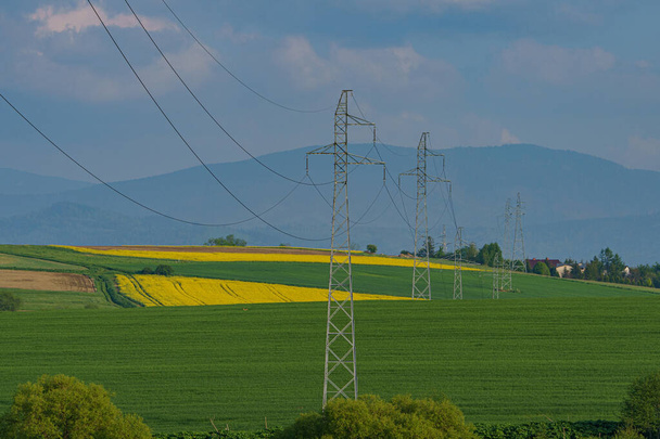 fileiras de postes de energia que atravessam campos pitorescos - Foto, Imagem