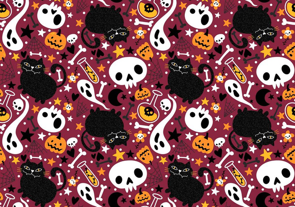Halloween koty i dynie bezszwowe duch i kości wzór do pakowania papieru i tkanin i odzieży dziecięcej nadruku i świąteczne akcesoria i jesienne opakowanie. Wysokiej jakości ilustracja  - Zdjęcie, obraz