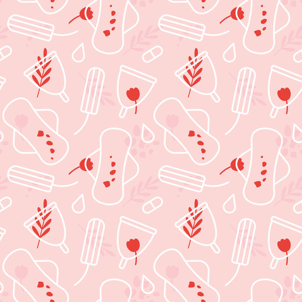 patrón de menstruación sin fisuras con diferentes productos de higiene menstrual y elementos florales- ilustración vectorial - Vector, Imagen