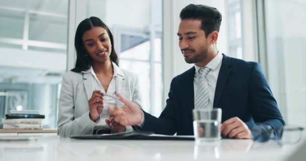 Businessman, woman and signature with handshake for contract, hiring or legal agreement on document at office. Asian man shaking hands with female person for partnership or recruiting at workplace. - Footage, Video
