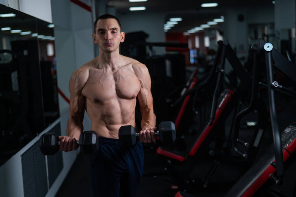 Shirtless man doing bicep exercises with dumbbells in the gym - Foto, Imagem